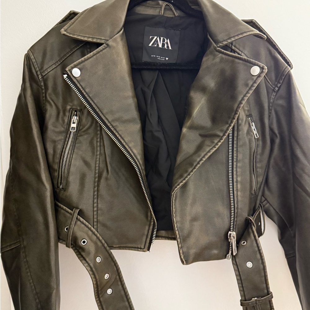 Worn Once - Zara VIRAL JACKET Green Leather Jacket